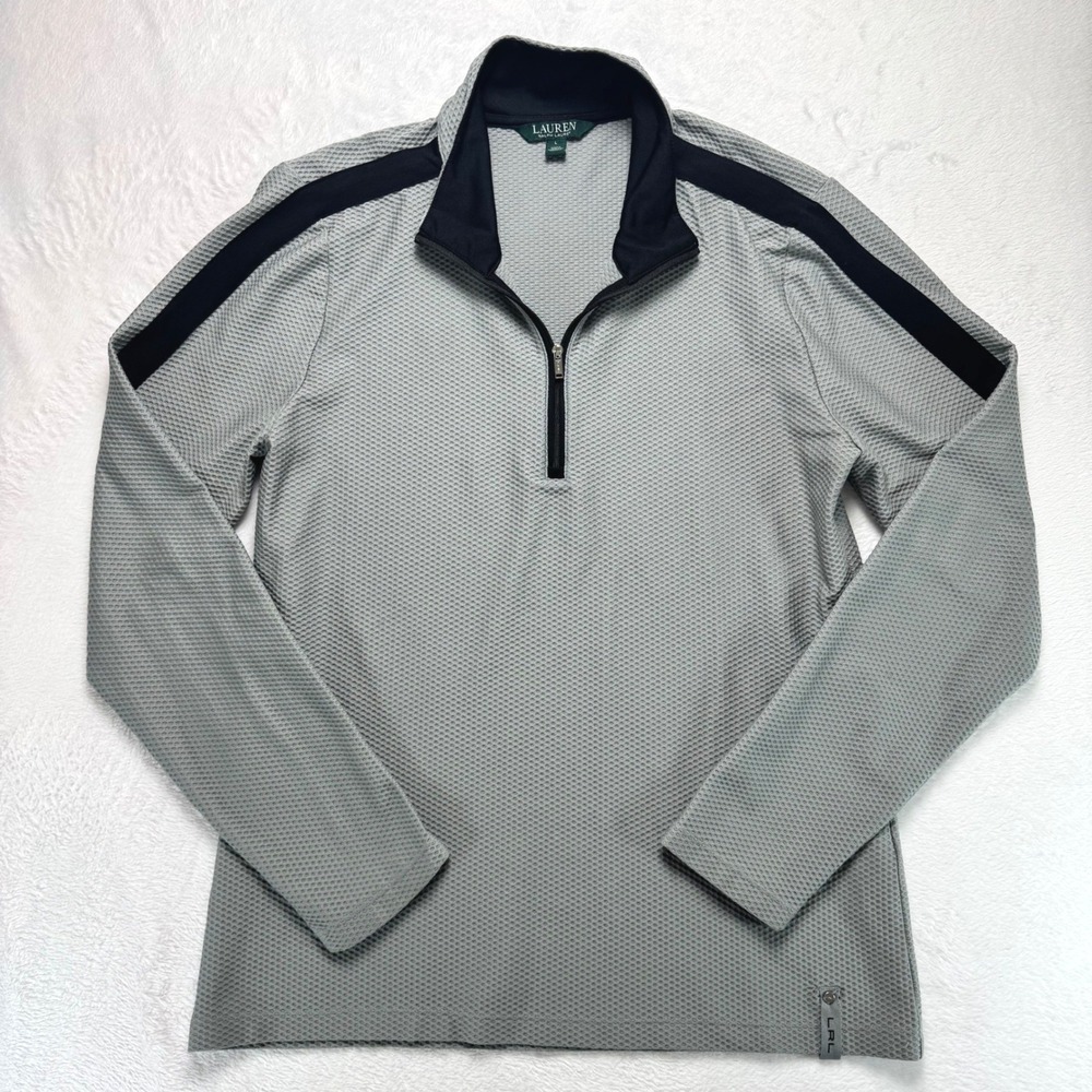 Lauren Ralph Lauren Grey Honeycomb Knit Quarter Zip Pullover Racing Stripe Top L